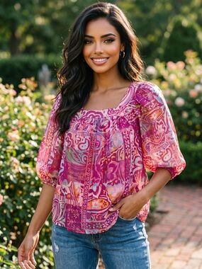 🌟W031. Stylish Boho Floral Square Neck Peasant Top